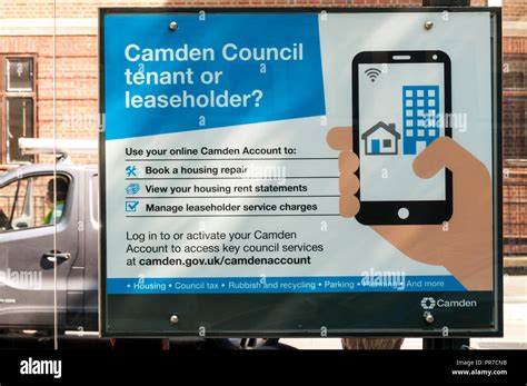 Poster at a bus stop advertises the Camden Account app aimed at Camden Council housing tenants ...