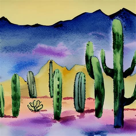 Cactus Desert Dusk Watercolor Mountain Graphic · Creative Fabrica