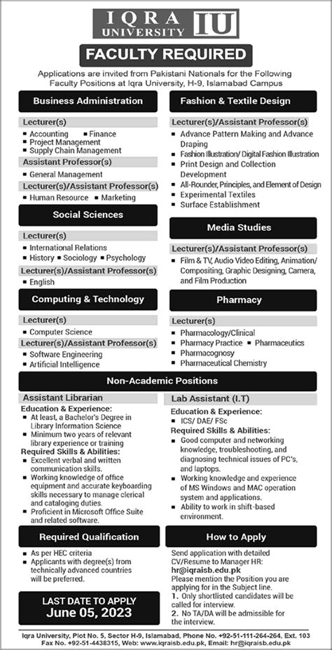 Iqra University Islamabad Jobs May 2023 Teaching Faculty & Others ...