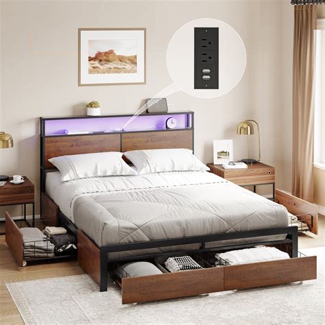 GUNAITO Full Size Bed Frame with Headboard and 4 Storage Drawers LED ...