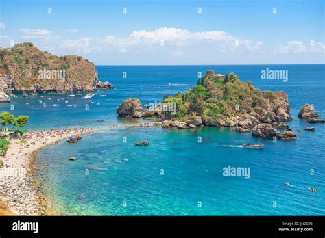 Isola Bella Sicily, view in summer of the beach at Mazzaro near ...