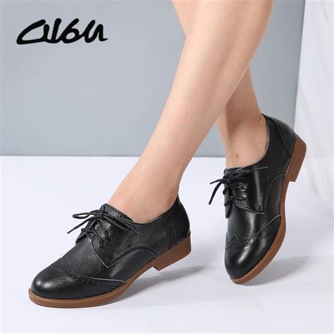 O16U Full Grain Leather Female Oxfords Flats Shoes Brogue Style Lace up Rubber Soft Sole Women ...