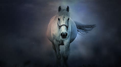 White horse Wallpaper 4K, Running Horse, Dark background