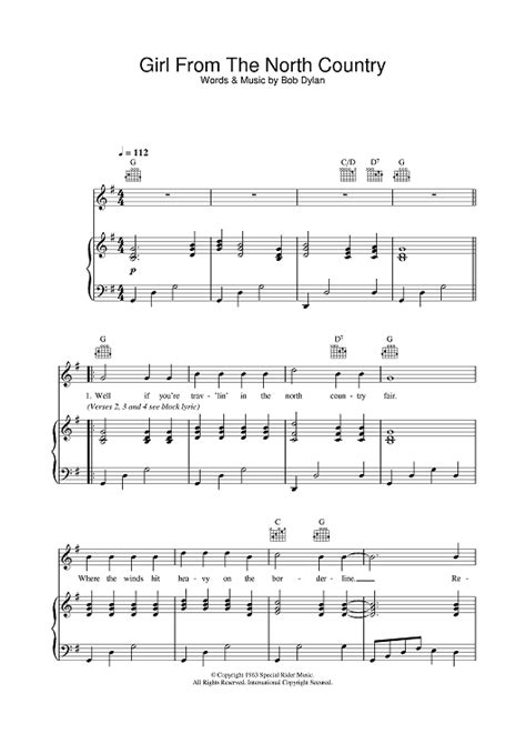 Girl From The North Country" Sheet Music by Johnny Cash for Piano/Vocal ...