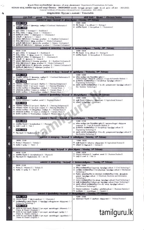 Gce O L Exam Time Table 2021 2022 Department Of Examinations - Riset