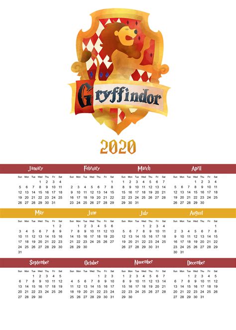 Free Printable 2020 Harry Potter Hogwarts House Calendars - The Cottage Market