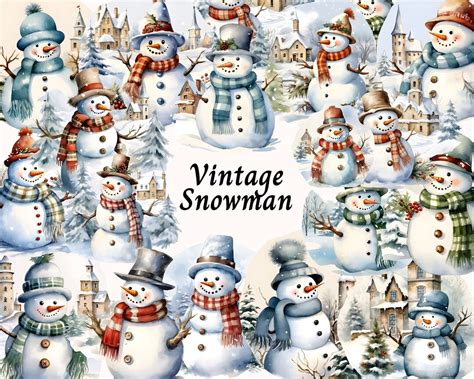 Vintage Snowman Clipart Christmas Clipart, Snowman Graphics, Winter Snowmen Images, Cute Snowman ...