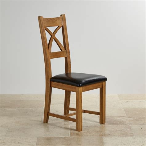Cross Back Dining Chair in Rustic Oak - Black Leather