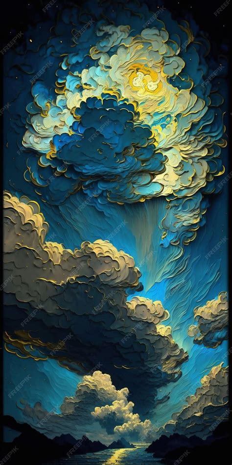 Premium AI Image | A painting of a blue sky with clouds and the sun shining through the clouds.