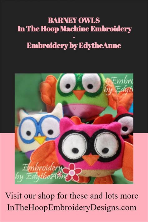 two stuffed owls are shown with the words, in the hoop machine embroidery embroiderry