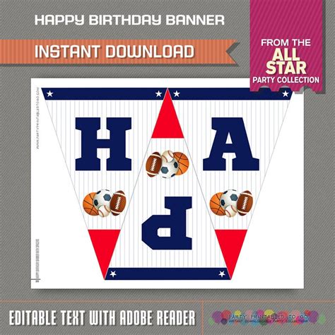 Sports Party Printable Birthday Banner With Spacers INSTANT - Etsy