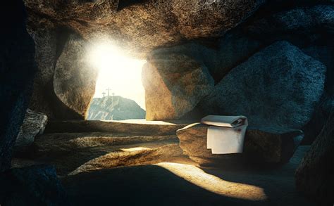 Tomb Empty With Shroud And Crucifixion Stock Photo - Download Image Now - iStock