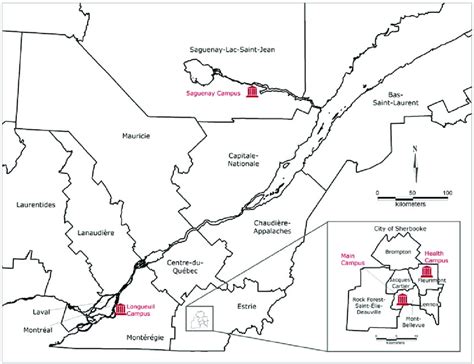 Geographic distribution of the Université de Sherbrooke campuses. Map... | Download Scientific ...