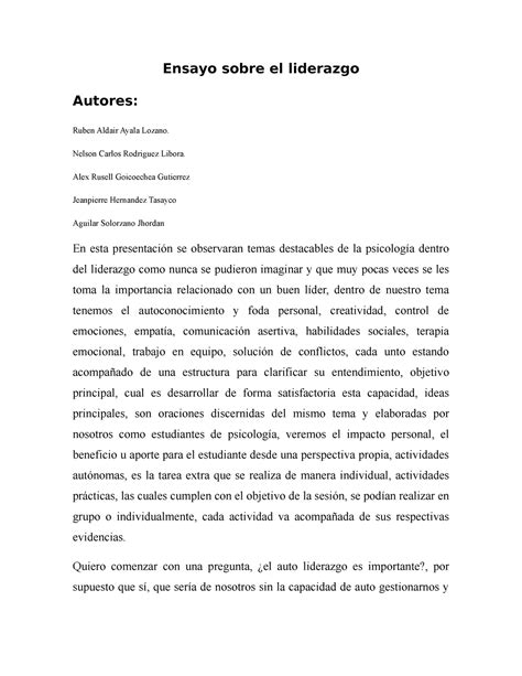 Ensayo sobre el liderazgo - Ensayo sobre el liderazgo Autores: Ruben ...