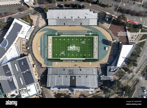 A general overall aerial view of the track and football field at Hornet ...