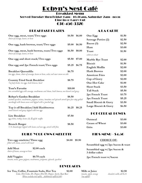 Menu at The Nest cafe, Warrenton