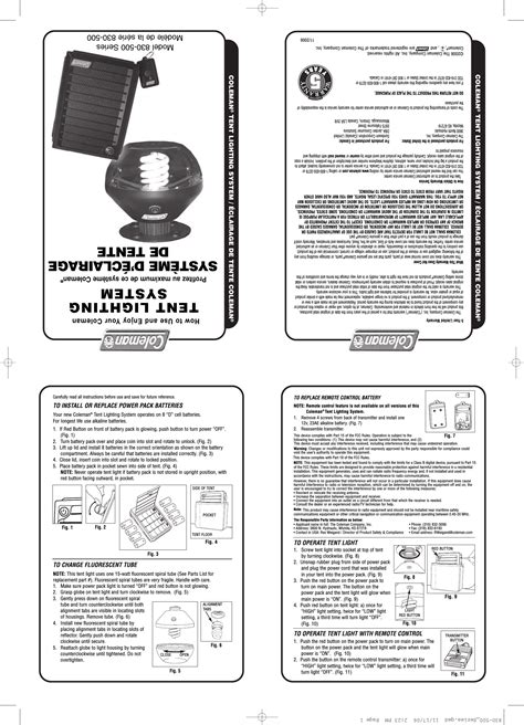 The Coleman 830-500 Tent Lighting System (315MHz Tx) User Manual 830 500 Series