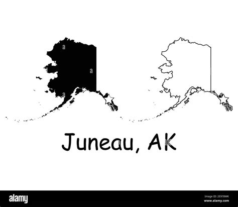 Juneau Alaska AK state Map USA with Capital Star. Black silhouette and outline isolated maps on ...