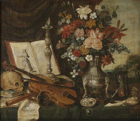 Vanitas Still Life with Musical Instruments and Flowers in a Silver ...