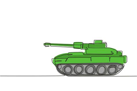 Single one line drawing children's toy battle tank. Green tank, armored ...