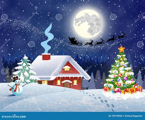 House in Snowy Christmas Landscape at Night Stock Vector - Illustration of cartoon, backdrop ...