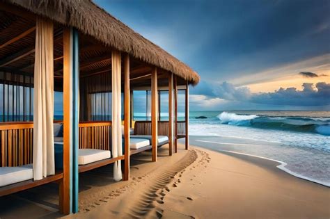 Premium AI Image | A beach hut with a thatched roof and a thatched roof ...