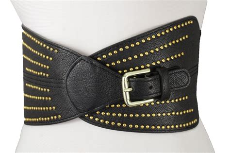 Women Hip Waist Wide Black Faux Leather Fashion Belt Gold Metal Studs Buckle S M - Belts