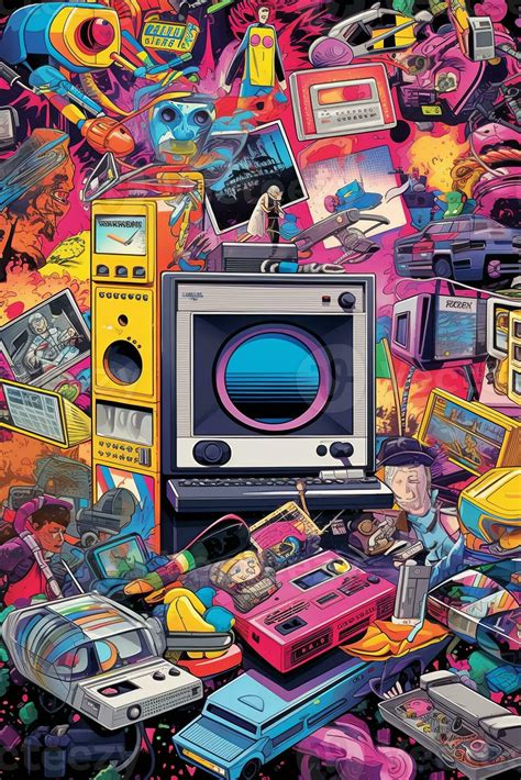 A collage of 80s pop culture icons such as arcade games, boomboxes ...