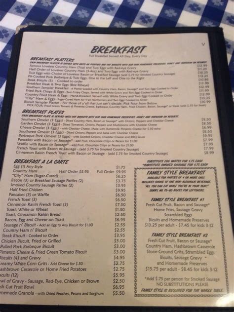 Menu at The Loveless Cafe, Nashville