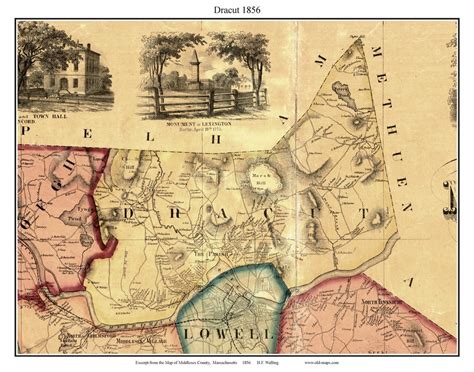 Dracut 1856 Old Town Map With Homeowner Names Massachusetts the Parish Reprint Middlesex County ...