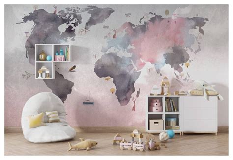 Kids World Map Wallpaper Mural In Pink Tones | Silk Interiors Wallpaper Australia