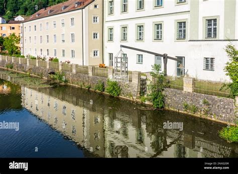 Eichstätt: river Altmühl, Old Town, right a replica of the historical Prelle (cucking stool or ...