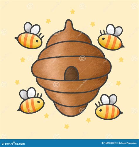 Colmena De Abejas Y Adorable Dibujo a Mano Stock de ilustración ...