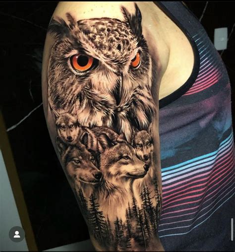 Realistic Owl and Wolf Tattoo Design