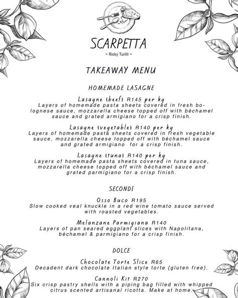 Menu at Scarpetta restaurant, Cape Town