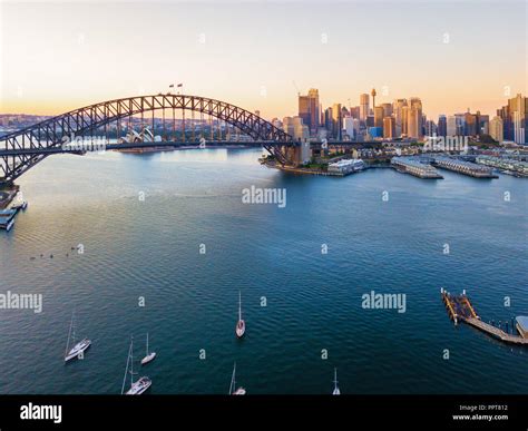 Aerial Panoramic View of Beautiful Sunrise at Sydney City Skyline Stock ...