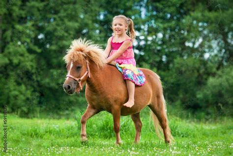 Little girl riding little pony Stock Photo | Adobe Stock