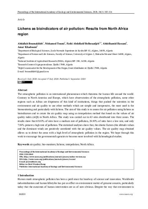 (PDF) Lichens as bioindicators of air pollution: Results from North Africa region | Abdallah ...