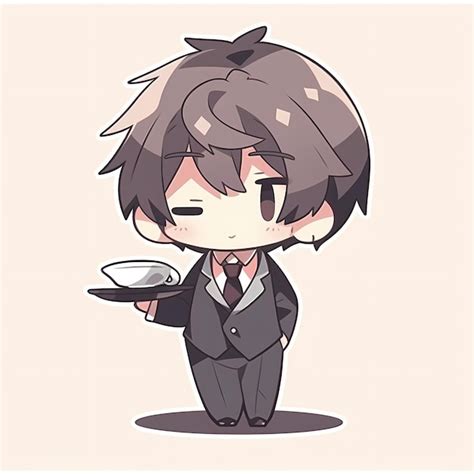 Minimal Japanese Kawaii Butler Boy Chibi Anime Vector Art Sticker with Clean Bold Line Cute ...