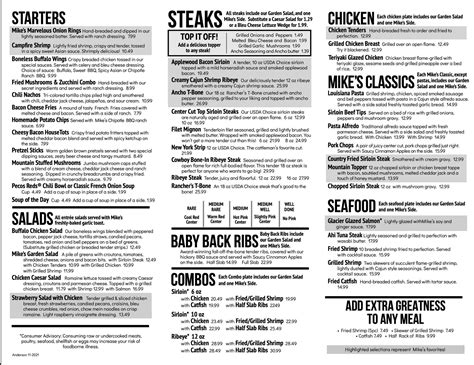 Menu at Montana Mike's Steakhouse, Anderson