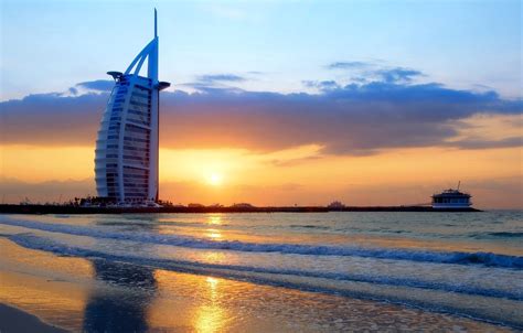 Wallpaper city, waves, Dubai, twilight, sky, sea, landscape, sunset ...