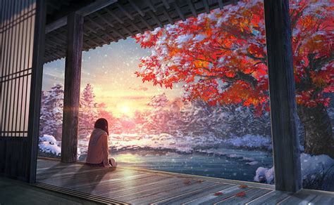 HD wallpaper: winter, sunset, anime girls, calm, snow, artwork ...