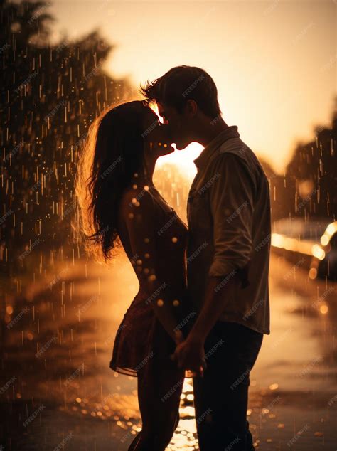 Premium AI Image | Photograph romantic couple kissing under the rain at golden hour portrait format