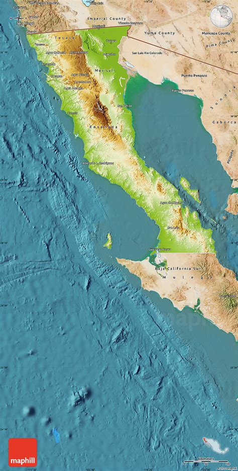 Physical Map of Baja California, satellite outside