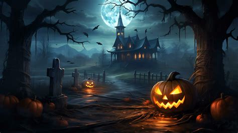 Spooky halloween wallpaper with pumpkin and old house 27807594 Stock ...