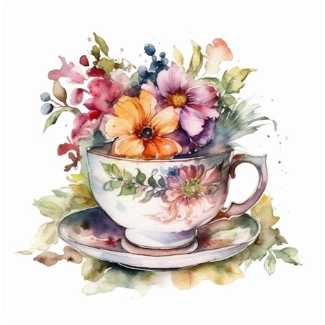 Premium AI Image | There is a painting of a tea cup with flowers in it ...