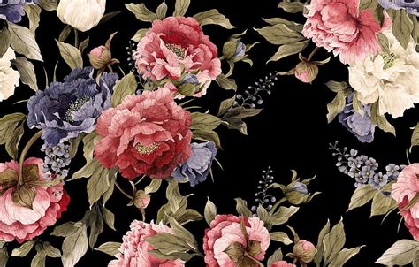 Flowers, canvas, figure, texture, fabric, black background, peonies, textiles, HD wallpaper | Peakpx