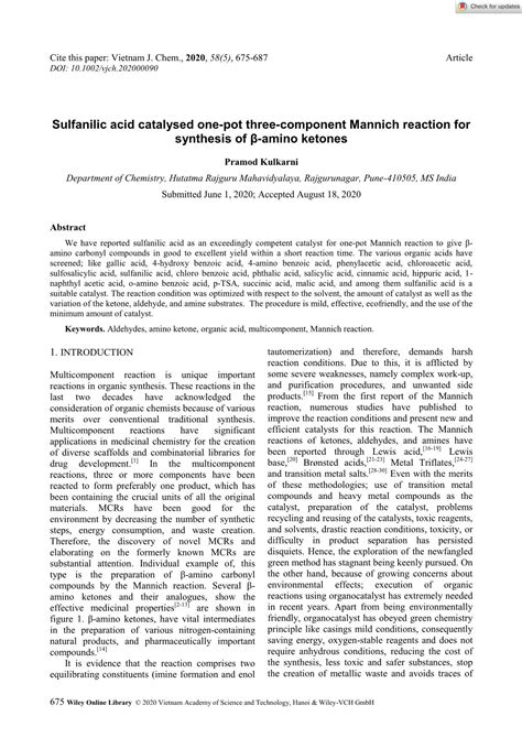 Sulfanilic acid catalysed one-Pot three-component Mannich reaction for ...