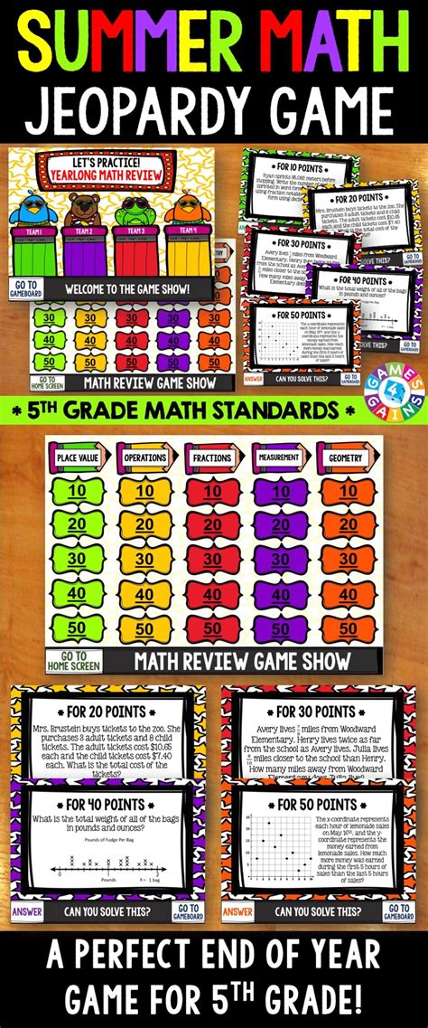 5th Grade Fun End of the Year Math Review Activity Jeopardy Game Show Summer | Math review game ...