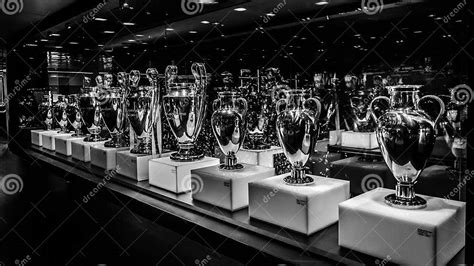 Grayscale Shot of UEFA Champions League Trophies in the Home Stadium of ...